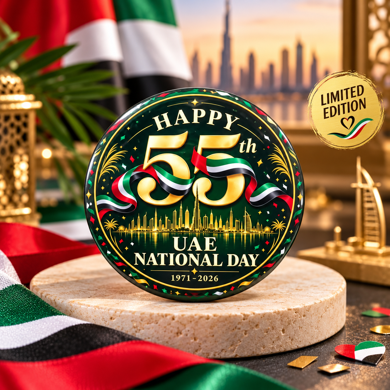 Happy 55th UAE National Day – Gold & Green Skyline limited edition badge